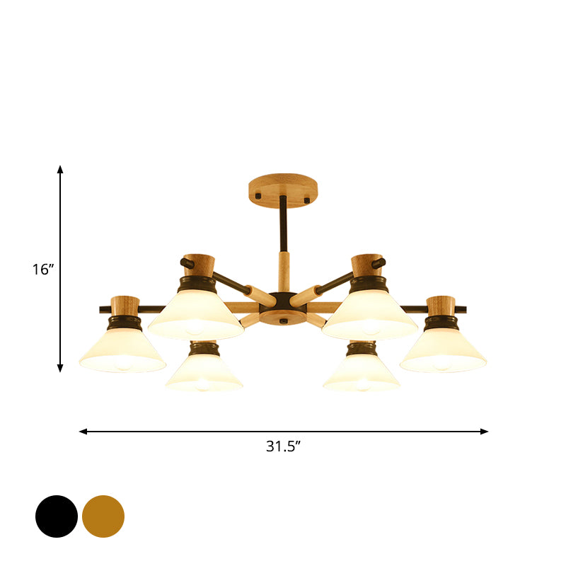 Black/Gold Branch Cone Shade Pendant Chandelier Modern Glass and Wood Hanging Light for Sitting Room Clearhalo 'Carpenter Chandeliers' 'Ceiling Lights' 'Chandeliers' 'Industrial' 'Modern Chandeliers' 'Modern' Lighting' 1871723