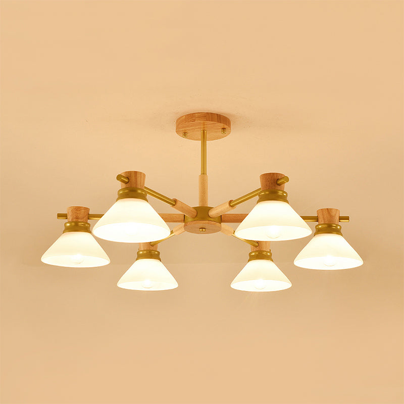 Black/Gold Branch Cone Shade Pendant Chandelier Modern Glass and Wood Hanging Light for Sitting Room Clearhalo 'Carpenter Chandeliers' 'Ceiling Lights' 'Chandeliers' 'Industrial' 'Modern Chandeliers' 'Modern' Lighting' 1871727