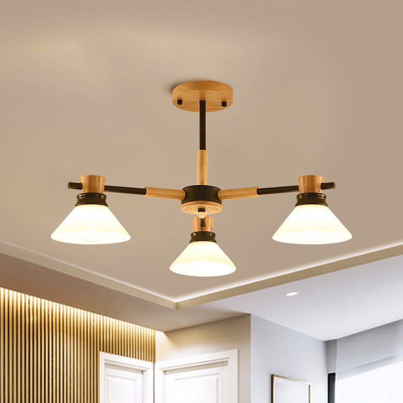 Black/Gold Branch Cone Shade Pendant Chandelier Modern Glass and Wood Hanging Light for Sitting Room Clearhalo 'Carpenter Chandeliers' 'Ceiling Lights' 'Chandeliers' 'Industrial' 'Modern Chandeliers' 'Modern' Lighting' 1871729
