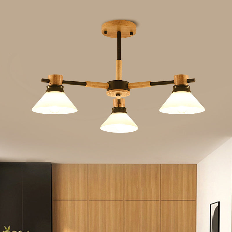 Black/Gold Branch Cone Shade Pendant Chandelier Modern Glass and Wood Hanging Light for Sitting Room Clearhalo 'Carpenter Chandeliers' 'Ceiling Lights' 'Chandeliers' 'Industrial' 'Modern Chandeliers' 'Modern' Lighting' 1871730