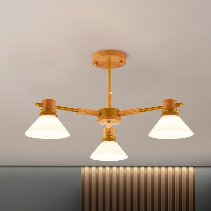 Black/Gold Branch Cone Shade Pendant Chandelier Modern Glass and Wood Hanging Light for Sitting Room Clearhalo 'Carpenter Chandeliers' 'Ceiling Lights' 'Chandeliers' 'Industrial' 'Modern Chandeliers' 'Modern' Lighting' 1871734