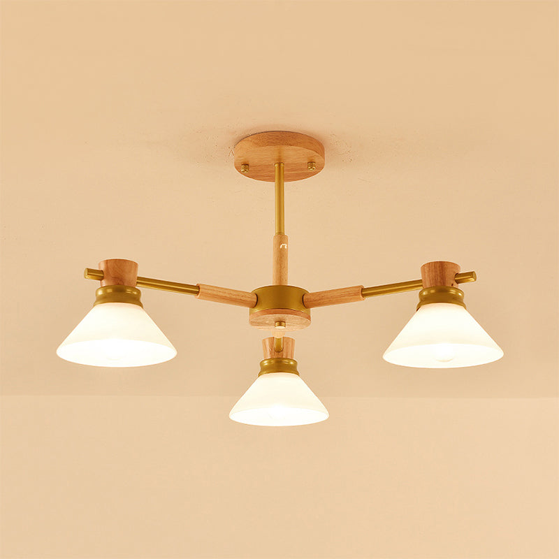 Black/Gold Branch Cone Shade Pendant Chandelier Modern Glass and Wood Hanging Light for Sitting Room Clearhalo 'Carpenter Chandeliers' 'Ceiling Lights' 'Chandeliers' 'Industrial' 'Modern Chandeliers' 'Modern' Lighting' 1871736
