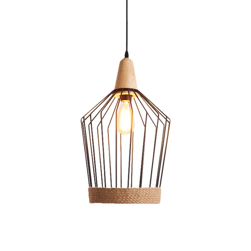 Country Style Tapered Suspended Light 1 Bulb Metal and Rope Ceiling Pendant Light in Black/White for Restaurant Clearhalo 'Art Deco Pendants' 'Black' 'Cast Iron' 'Ceiling Lights' 'Ceramic' 'Crystal' 'Industrial Pendants' 'Industrial' 'Metal' 'Middle Century Pendants' 'Pendant Lights' 'Pendants' 'Rustic Pendants' 'Tiffany' Lighting' 1871836