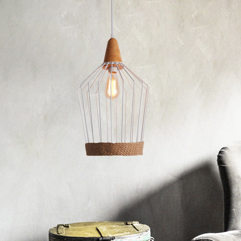 Country Style Tapered Suspended Light 1 Bulb Metal and Rope Ceiling Pendant Light in Black/White for Restaurant Clearhalo 'Art Deco Pendants' 'Black' 'Cast Iron' 'Ceiling Lights' 'Ceramic' 'Crystal' 'Industrial Pendants' 'Industrial' 'Metal' 'Middle Century Pendants' 'Pendant Lights' 'Pendants' 'Rustic Pendants' 'Tiffany' Lighting' 1871839