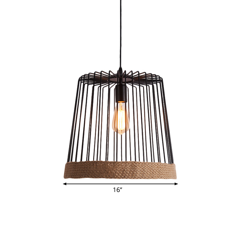 Caged Coffee Shop Suspension Lamp with Bucket Shade Industrial Metal and Rope 1 Bulb Black/White Pendant Light Clearhalo 'Art Deco Pendants' 'Black' 'Cast Iron' 'Ceiling Lights' 'Ceramic' 'Crystal' 'Industrial Pendants' 'Industrial' 'Metal' 'Middle Century Pendants' 'Pendant Lights' 'Pendants' 'Rustic Pendants' 'Tiffany' Lighting' 1871847