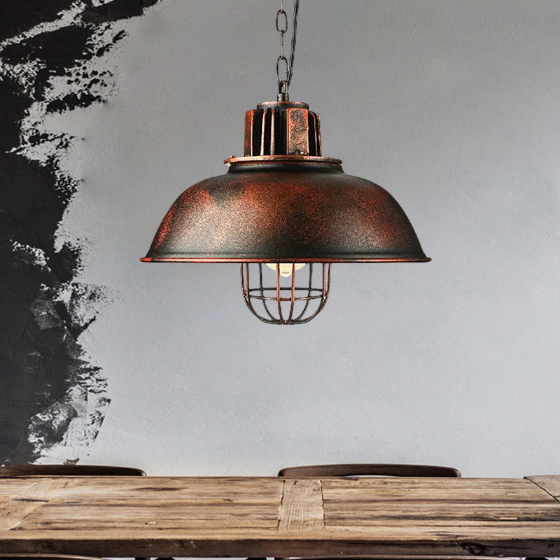 Metallic Dome Shade Hanging Lamp Vintage Stylish 1 Bulb Restaurant Suspended Light with Wire Cage in Black/White Clearhalo 'Art Deco Pendants' 'Black' 'Cast Iron' 'Ceiling Lights' 'Ceramic' 'Crystal' 'Industrial Pendants' 'Industrial' 'Metal' 'Middle Century Pendants' 'Pendant Lights' 'Pendants' 'Rustic Pendants' 'Tiffany' Lighting' 1871919