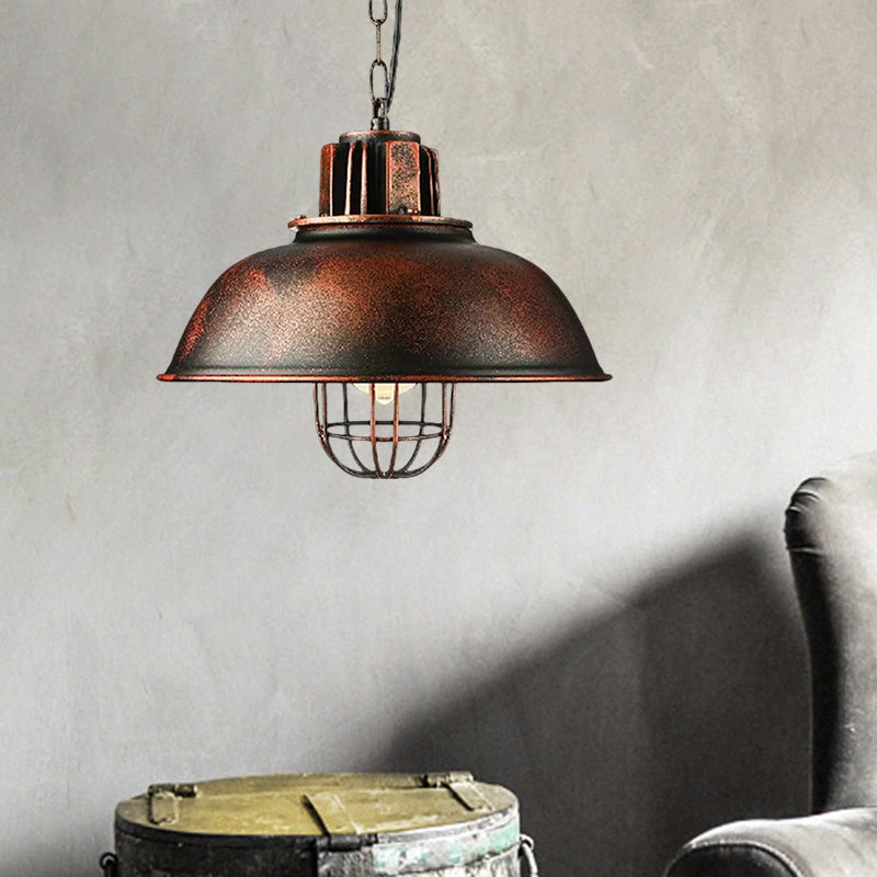 Metallic Dome Shade Hanging Lamp Vintage Stylish 1 Bulb Restaurant Suspended Light with Wire Cage in Black/White Clearhalo 'Art Deco Pendants' 'Black' 'Cast Iron' 'Ceiling Lights' 'Ceramic' 'Crystal' 'Industrial Pendants' 'Industrial' 'Metal' 'Middle Century Pendants' 'Pendant Lights' 'Pendants' 'Rustic Pendants' 'Tiffany' Lighting' 1871920