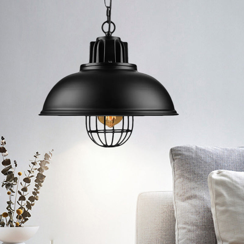Metallic Dome Shade Hanging Lamp Vintage Stylish 1 Bulb Restaurant Suspended Light with Wire Cage in Black/White Clearhalo 'Art Deco Pendants' 'Black' 'Cast Iron' 'Ceiling Lights' 'Ceramic' 'Crystal' 'Industrial Pendants' 'Industrial' 'Metal' 'Middle Century Pendants' 'Pendant Lights' 'Pendants' 'Rustic Pendants' 'Tiffany' Lighting' 1871930