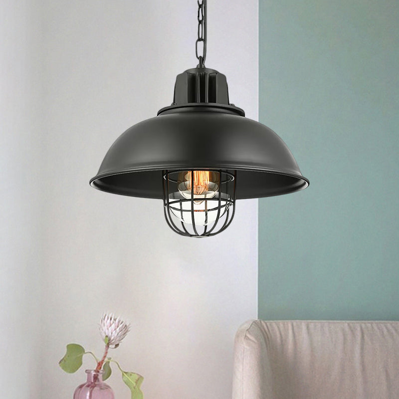 Metallic Dome Shade Hanging Lamp Vintage Stylish 1 Bulb Restaurant Suspended Light with Wire Cage in Black/White Matte Black Clearhalo 'Art Deco Pendants' 'Black' 'Cast Iron' 'Ceiling Lights' 'Ceramic' 'Crystal' 'Industrial Pendants' 'Industrial' 'Metal' 'Middle Century Pendants' 'Pendant Lights' 'Pendants' 'Rustic Pendants' 'Tiffany' Lighting' 1871933