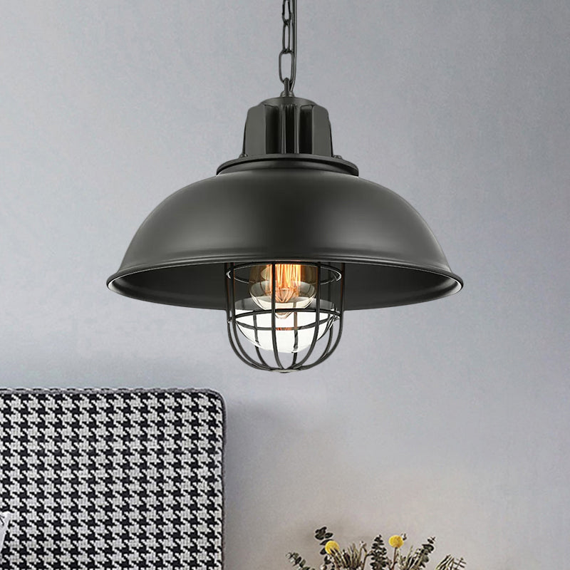 Metallic Dome Shade Hanging Lamp Vintage Stylish 1 Bulb Restaurant Suspended Light with Wire Cage in Black/White Clearhalo 'Art Deco Pendants' 'Black' 'Cast Iron' 'Ceiling Lights' 'Ceramic' 'Crystal' 'Industrial Pendants' 'Industrial' 'Metal' 'Middle Century Pendants' 'Pendant Lights' 'Pendants' 'Rustic Pendants' 'Tiffany' Lighting' 1871934