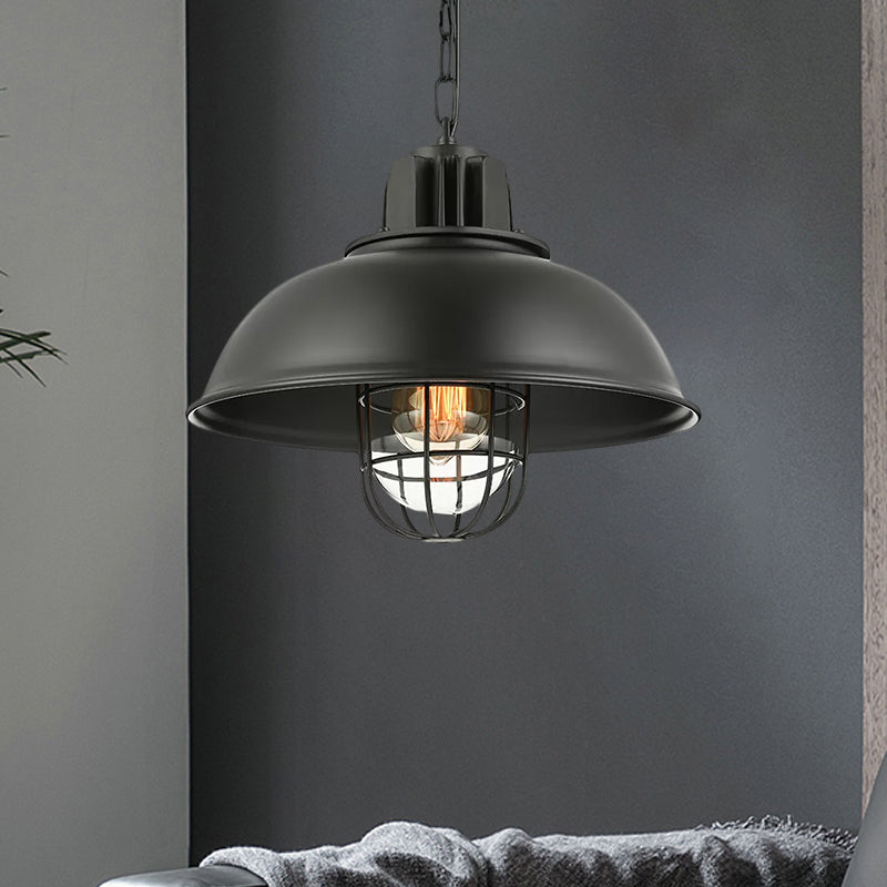 Metallic Dome Shade Hanging Lamp Vintage Stylish 1 Bulb Restaurant Suspended Light with Wire Cage in Black/White Clearhalo 'Art Deco Pendants' 'Black' 'Cast Iron' 'Ceiling Lights' 'Ceramic' 'Crystal' 'Industrial Pendants' 'Industrial' 'Metal' 'Middle Century Pendants' 'Pendant Lights' 'Pendants' 'Rustic Pendants' 'Tiffany' Lighting' 1871935