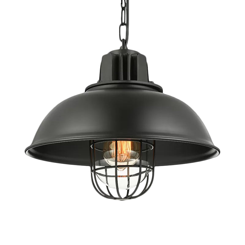Metallic Dome Shade Hanging Lamp Vintage Stylish 1 Bulb Restaurant Suspended Light with Wire Cage in Black/White Clearhalo 'Art Deco Pendants' 'Black' 'Cast Iron' 'Ceiling Lights' 'Ceramic' 'Crystal' 'Industrial Pendants' 'Industrial' 'Metal' 'Middle Century Pendants' 'Pendant Lights' 'Pendants' 'Rustic Pendants' 'Tiffany' Lighting' 1871936