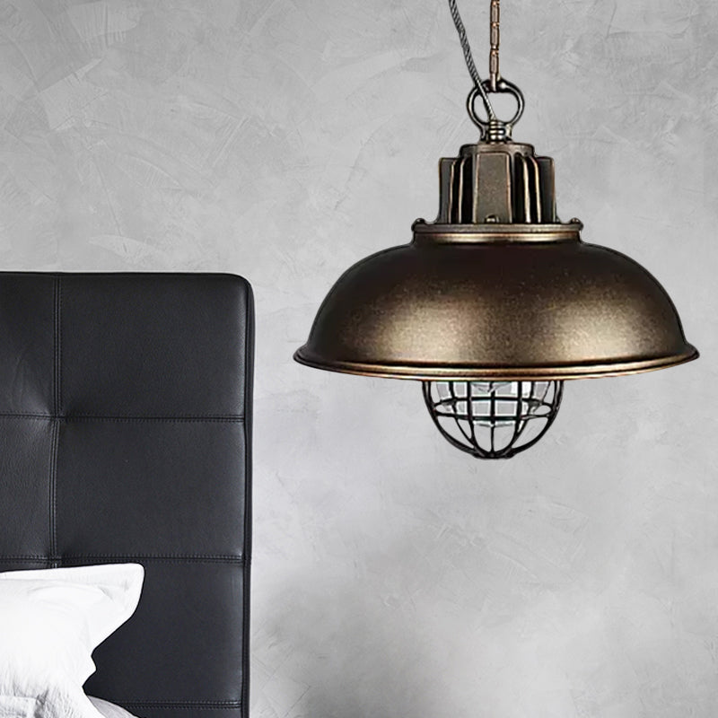 Metallic Dome Shade Hanging Lamp Vintage Stylish 1 Bulb Restaurant Suspended Light with Wire Cage in Black/White Bronze Clearhalo 'Art Deco Pendants' 'Black' 'Cast Iron' 'Ceiling Lights' 'Ceramic' 'Crystal' 'Industrial Pendants' 'Industrial' 'Metal' 'Middle Century Pendants' 'Pendant Lights' 'Pendants' 'Rustic Pendants' 'Tiffany' Lighting' 1871938