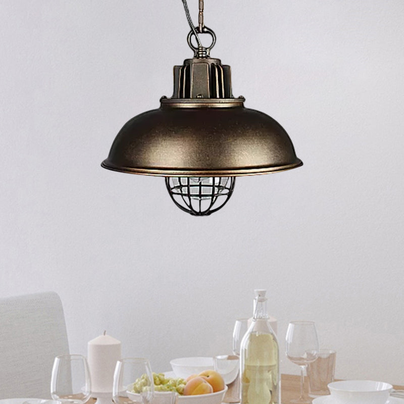 Metallic Dome Shade Hanging Lamp Vintage Stylish 1 Bulb Restaurant Suspended Light with Wire Cage in Black/White Clearhalo 'Art Deco Pendants' 'Black' 'Cast Iron' 'Ceiling Lights' 'Ceramic' 'Crystal' 'Industrial Pendants' 'Industrial' 'Metal' 'Middle Century Pendants' 'Pendant Lights' 'Pendants' 'Rustic Pendants' 'Tiffany' Lighting' 1871939