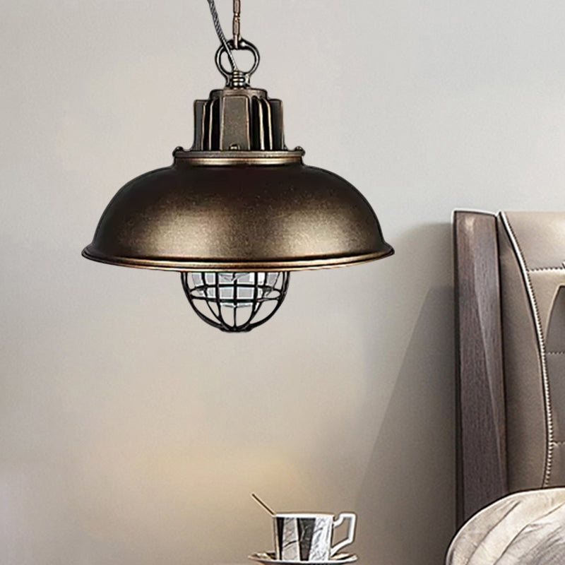 Metallic Dome Shade Hanging Lamp Vintage Stylish 1 Bulb Restaurant Suspended Light with Wire Cage in Black/White Clearhalo 'Art Deco Pendants' 'Black' 'Cast Iron' 'Ceiling Lights' 'Ceramic' 'Crystal' 'Industrial Pendants' 'Industrial' 'Metal' 'Middle Century Pendants' 'Pendant Lights' 'Pendants' 'Rustic Pendants' 'Tiffany' Lighting' 1871940