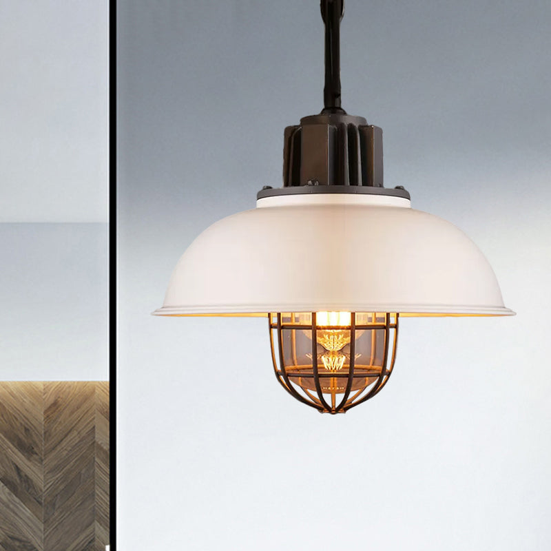 Metallic Dome Shade Hanging Lamp Vintage Stylish 1 Bulb Restaurant Suspended Light with Wire Cage in Black/White Textured White Clearhalo 'Art Deco Pendants' 'Black' 'Cast Iron' 'Ceiling Lights' 'Ceramic' 'Crystal' 'Industrial Pendants' 'Industrial' 'Metal' 'Middle Century Pendants' 'Pendant Lights' 'Pendants' 'Rustic Pendants' 'Tiffany' Lighting' 1871943