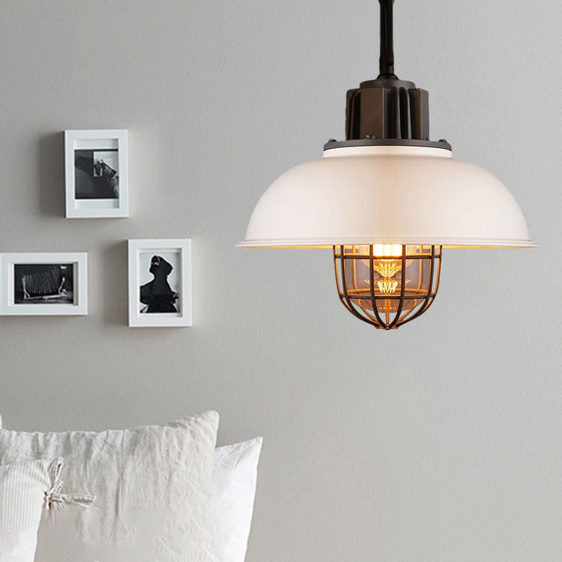 Metallic Dome Shade Hanging Lamp Vintage Stylish 1 Bulb Restaurant Suspended Light with Wire Cage in Black/White Clearhalo 'Art Deco Pendants' 'Black' 'Cast Iron' 'Ceiling Lights' 'Ceramic' 'Crystal' 'Industrial Pendants' 'Industrial' 'Metal' 'Middle Century Pendants' 'Pendant Lights' 'Pendants' 'Rustic Pendants' 'Tiffany' Lighting' 1871944