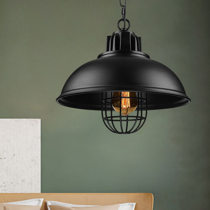 Metallic Dome Shade Hanging Lamp Vintage Stylish 1 Bulb Restaurant Suspended Light with Wire Cage in Black/White Black Clearhalo 'Art Deco Pendants' 'Black' 'Cast Iron' 'Ceiling Lights' 'Ceramic' 'Crystal' 'Industrial Pendants' 'Industrial' 'Metal' 'Middle Century Pendants' 'Pendant Lights' 'Pendants' 'Rustic Pendants' 'Tiffany' Lighting' 1871948