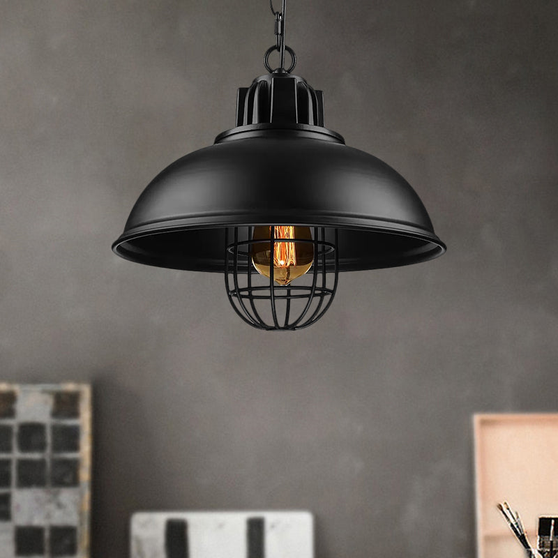 Metallic Dome Shade Hanging Lamp Vintage Stylish 1 Bulb Restaurant Suspended Light with Wire Cage in Black/White Clearhalo 'Art Deco Pendants' 'Black' 'Cast Iron' 'Ceiling Lights' 'Ceramic' 'Crystal' 'Industrial Pendants' 'Industrial' 'Metal' 'Middle Century Pendants' 'Pendant Lights' 'Pendants' 'Rustic Pendants' 'Tiffany' Lighting' 1871950