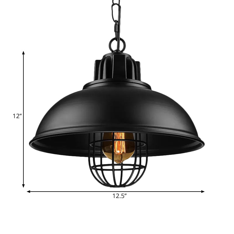 Metallic Dome Shade Hanging Lamp Vintage Stylish 1 Bulb Restaurant Suspended Light with Wire Cage in Black/White Clearhalo 'Art Deco Pendants' 'Black' 'Cast Iron' 'Ceiling Lights' 'Ceramic' 'Crystal' 'Industrial Pendants' 'Industrial' 'Metal' 'Middle Century Pendants' 'Pendant Lights' 'Pendants' 'Rustic Pendants' 'Tiffany' Lighting' 1871952