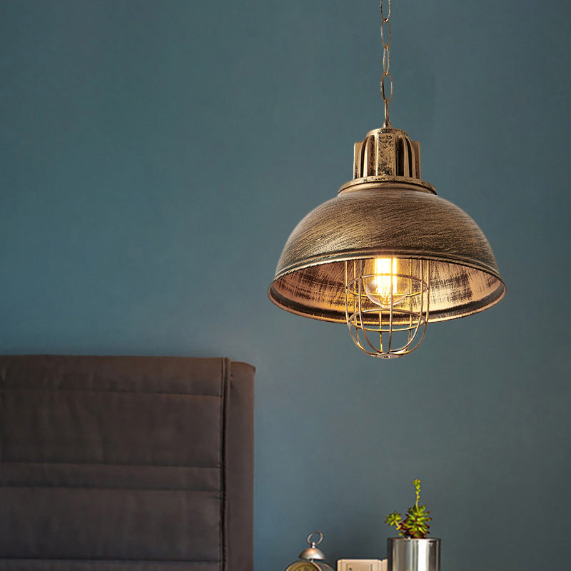 Metallic Dome Shade Hanging Lamp Vintage Stylish 1 Bulb Restaurant Suspended Light with Wire Cage in Black/White Brass Clearhalo 'Art Deco Pendants' 'Black' 'Cast Iron' 'Ceiling Lights' 'Ceramic' 'Crystal' 'Industrial Pendants' 'Industrial' 'Metal' 'Middle Century Pendants' 'Pendant Lights' 'Pendants' 'Rustic Pendants' 'Tiffany' Lighting' 1871953