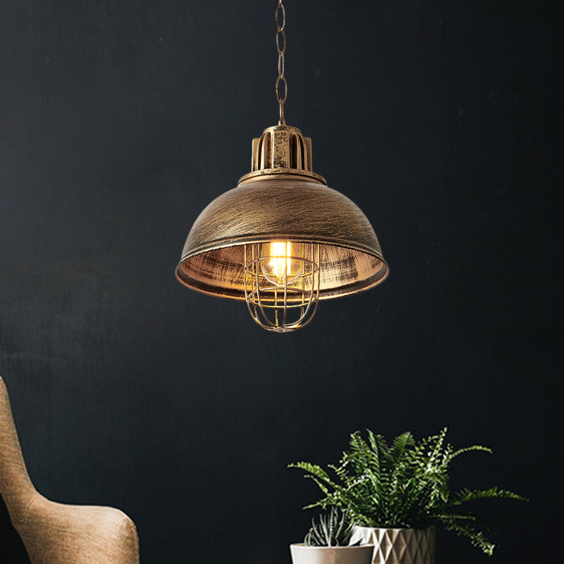 Metallic Dome Shade Hanging Lamp Vintage Stylish 1 Bulb Restaurant Suspended Light with Wire Cage in Black/White Clearhalo 'Art Deco Pendants' 'Black' 'Cast Iron' 'Ceiling Lights' 'Ceramic' 'Crystal' 'Industrial Pendants' 'Industrial' 'Metal' 'Middle Century Pendants' 'Pendant Lights' 'Pendants' 'Rustic Pendants' 'Tiffany' Lighting' 1871954