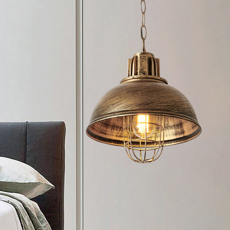 Metallic Dome Shade Hanging Lamp Vintage Stylish 1 Bulb Restaurant Suspended Light with Wire Cage in Black/White Clearhalo 'Art Deco Pendants' 'Black' 'Cast Iron' 'Ceiling Lights' 'Ceramic' 'Crystal' 'Industrial Pendants' 'Industrial' 'Metal' 'Middle Century Pendants' 'Pendant Lights' 'Pendants' 'Rustic Pendants' 'Tiffany' Lighting' 1871955