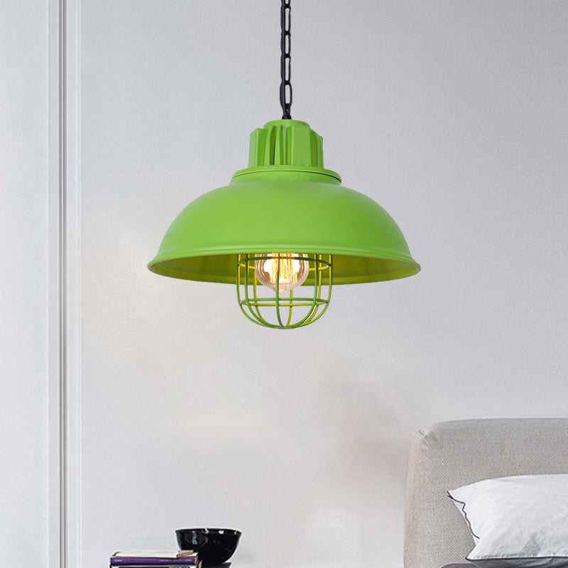 Metallic Dome Shade Hanging Lamp Vintage Stylish 1 Bulb Restaurant Suspended Light with Wire Cage in Black/White Green Clearhalo 'Art Deco Pendants' 'Black' 'Cast Iron' 'Ceiling Lights' 'Ceramic' 'Crystal' 'Industrial Pendants' 'Industrial' 'Metal' 'Middle Century Pendants' 'Pendant Lights' 'Pendants' 'Rustic Pendants' 'Tiffany' Lighting' 1871958