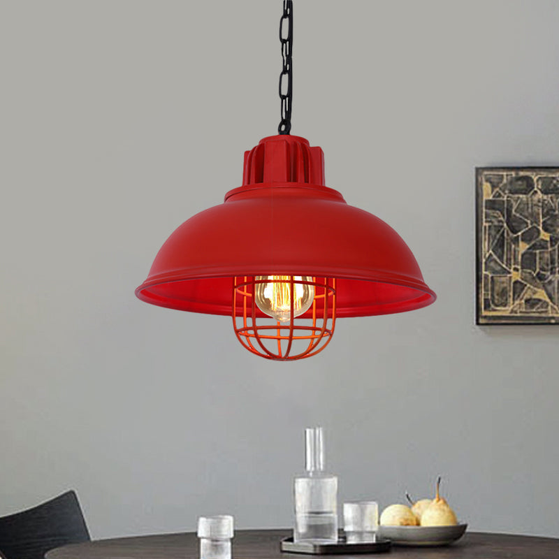 Metallic Dome Shade Hanging Lamp Vintage Stylish 1 Bulb Restaurant Suspended Light with Wire Cage in Black/White Clearhalo 'Art Deco Pendants' 'Black' 'Cast Iron' 'Ceiling Lights' 'Ceramic' 'Crystal' 'Industrial Pendants' 'Industrial' 'Metal' 'Middle Century Pendants' 'Pendant Lights' 'Pendants' 'Rustic Pendants' 'Tiffany' Lighting' 1871964