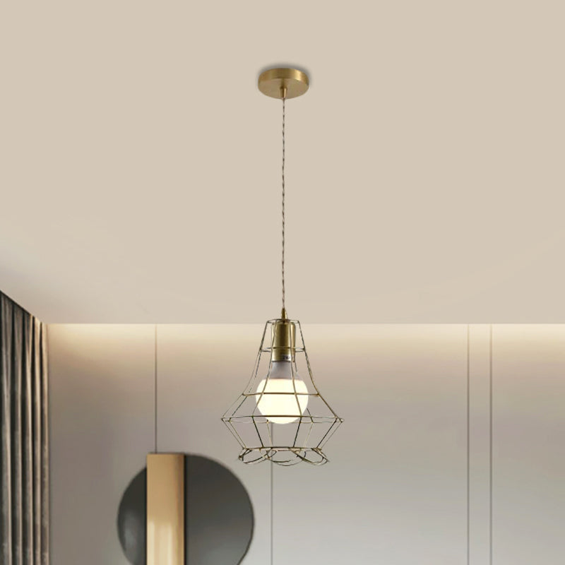 Gold Finish Square/Triangle Pendant Lighting Industrial Metal 1 Head Dining Room Hanging Lamp with Wire Frame Clearhalo 'Art Deco Pendants' 'Cast Iron' 'Ceiling Lights' 'Ceramic' 'Crystal' 'Industrial Pendants' 'Industrial' 'Metal' 'Middle Century Pendants' 'Pendant Lights' 'Pendants' 'Tiffany' Lighting' 1872080