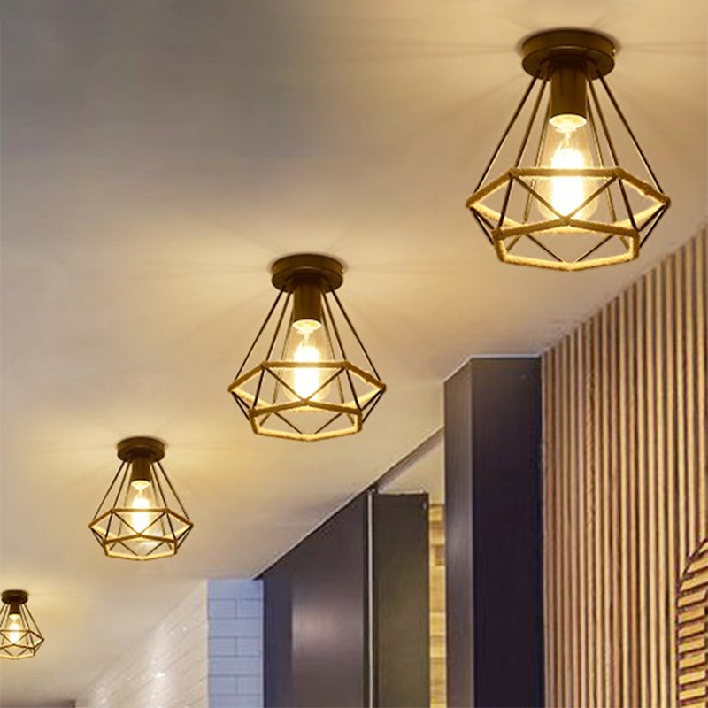 Black 1 Bulb Semi Flush Mount Light Lodge Style Metal and Rope Globe/Diamond Cage Ceiling Fixture for Hallway Clearhalo 'Ceiling Lights' 'Close To Ceiling Lights' 'Close to ceiling' 'Flush mount' 'Industrial Flush Mount' Lighting' 1872110