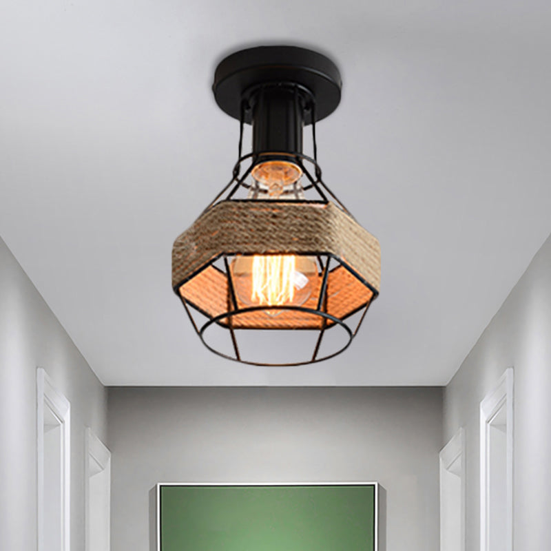 Black 1 Bulb Semi Flush Mount Light Lodge Style Metal and Rope Globe/Diamond Cage Ceiling Fixture for Hallway Clearhalo 'Ceiling Lights' 'Close To Ceiling Lights' 'Close to ceiling' 'Flush mount' 'Industrial Flush Mount' Lighting' 1872119