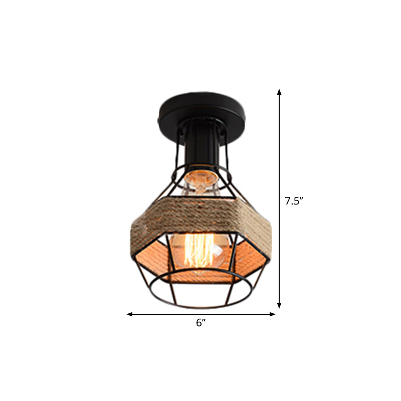 Black 1 Bulb Semi Flush Mount Light Lodge Style Metal and Rope Globe/Diamond Cage Ceiling Fixture for Hallway Clearhalo 'Ceiling Lights' 'Close To Ceiling Lights' 'Close to ceiling' 'Flush mount' 'Industrial Flush Mount' Lighting' 1872122