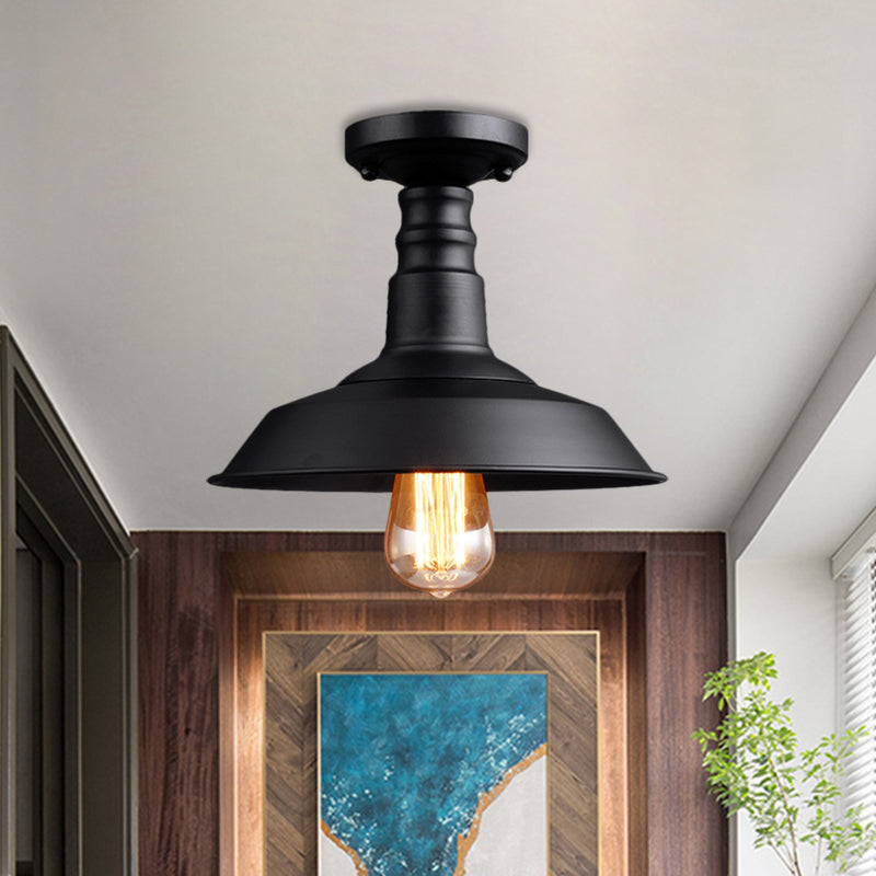 Barn Shade Metal Ceiling Mounted Light Vintage Style 1 Head Foyer Semi-Flush Ceiling Light in Black/White Black Clearhalo 'Ceiling Lights' 'Close To Ceiling Lights' 'Close to ceiling' 'Flush mount' 'Industrial Flush Mount' Lighting' 1872199
