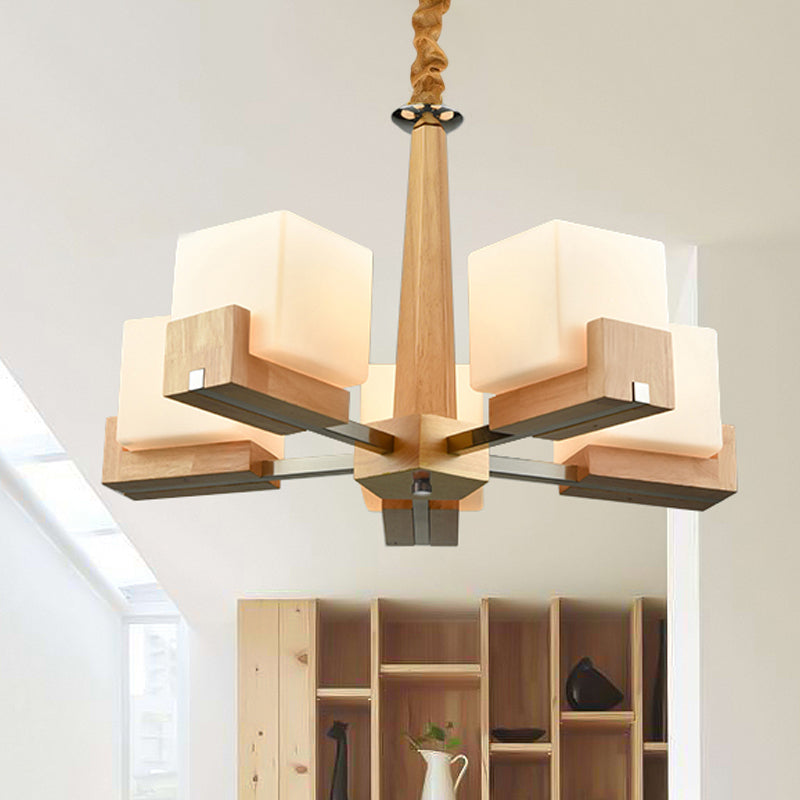 Glass Cube Ceiling Lamp 3/5/8 Heads Nordic Chandelier Lighting in Wood for Living Room Clearhalo 'Carpenter Chandeliers' 'Ceiling Lights' 'Chandeliers' 'Industrial' 'Modern Chandeliers' 'Modern' Lighting' 1872636