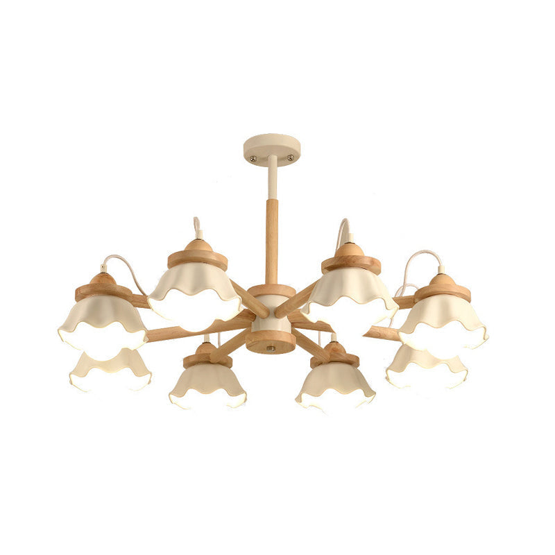 White Scalloped Shade Chandelier Multi-Light Nordic Wooden Drop Ceiling Light for Living Room Clearhalo 'Carpenter Chandeliers' 'Ceiling Lights' 'Chandeliers' 'Industrial' 'Modern Chandeliers' 'Modern' Lighting' 1872807