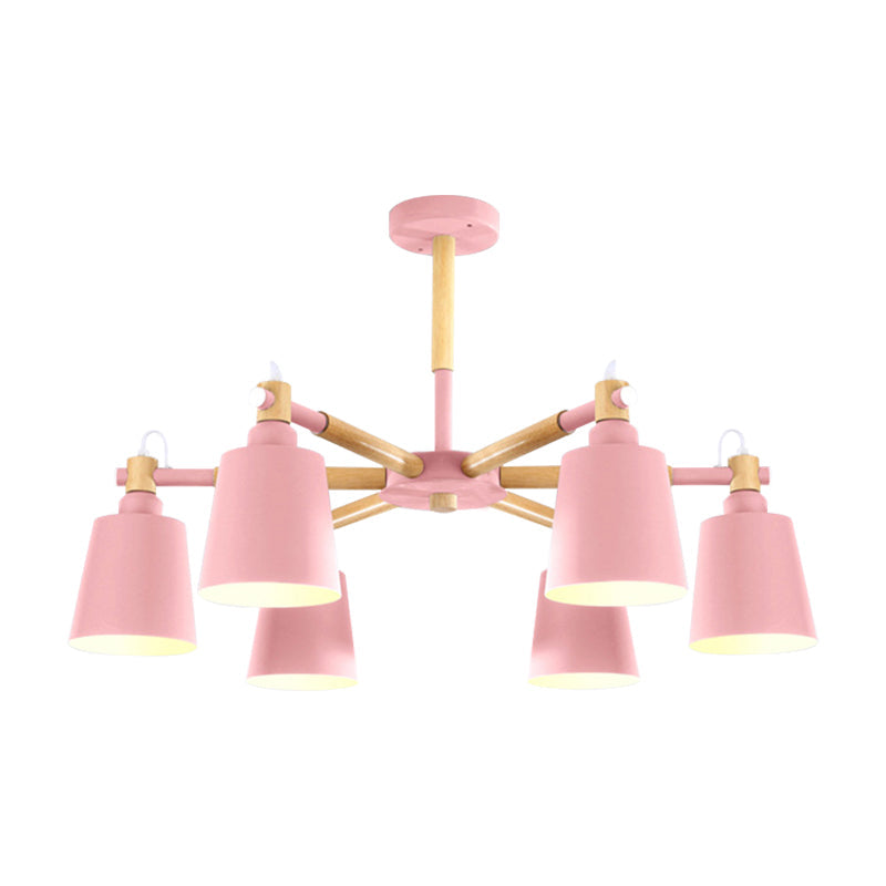 Baby Bedroom Bucket Chandelier Metal Wood 6 Lights Macaron Loft Suspension Light Clearhalo 'Ceiling Lights' 'Chandeliers' Lighting' options 187361