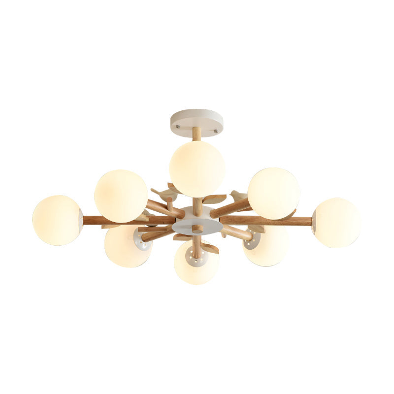 Orb Shade Bedroom Chandelier with Bird Wood Glass Japanese Style Hanging Light in White Clearhalo 'Carpenter Chandeliers' 'Ceiling Lights' 'Chandeliers' 'Industrial' 'Modern Chandeliers' 'Modern' Lighting' 187837