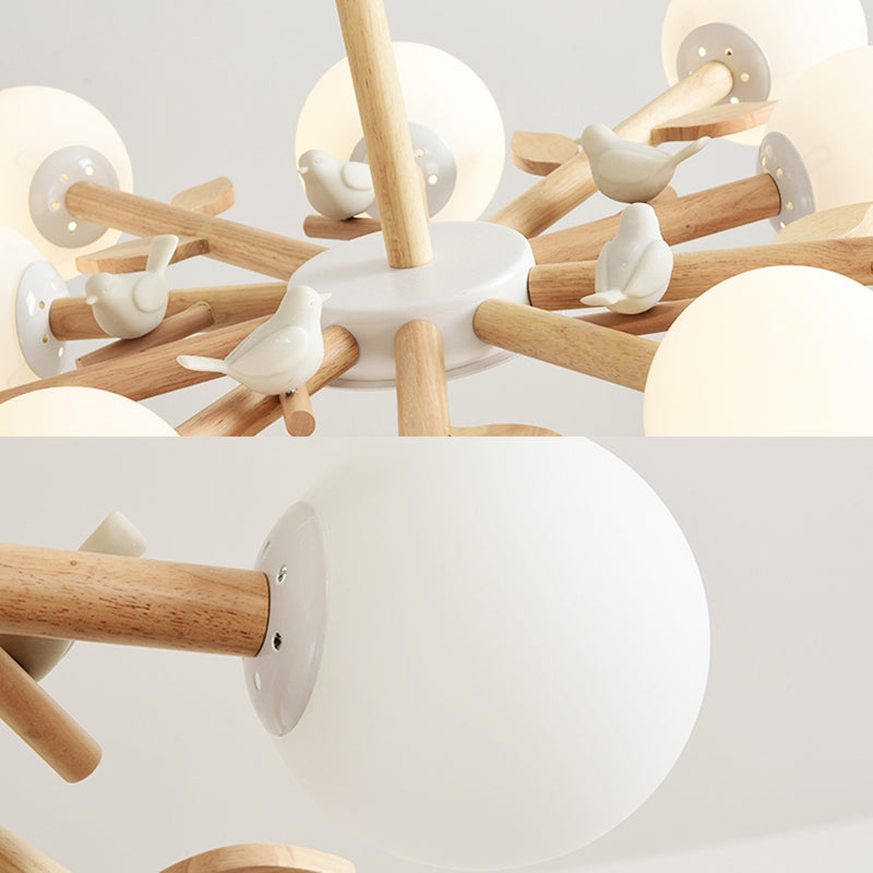 Orb Shade Bedroom Chandelier with Bird Wood Glass Japanese Style Hanging Light in White Clearhalo 'Carpenter Chandeliers' 'Ceiling Lights' 'Chandeliers' 'Industrial' 'Modern Chandeliers' 'Modern' Lighting' 187839