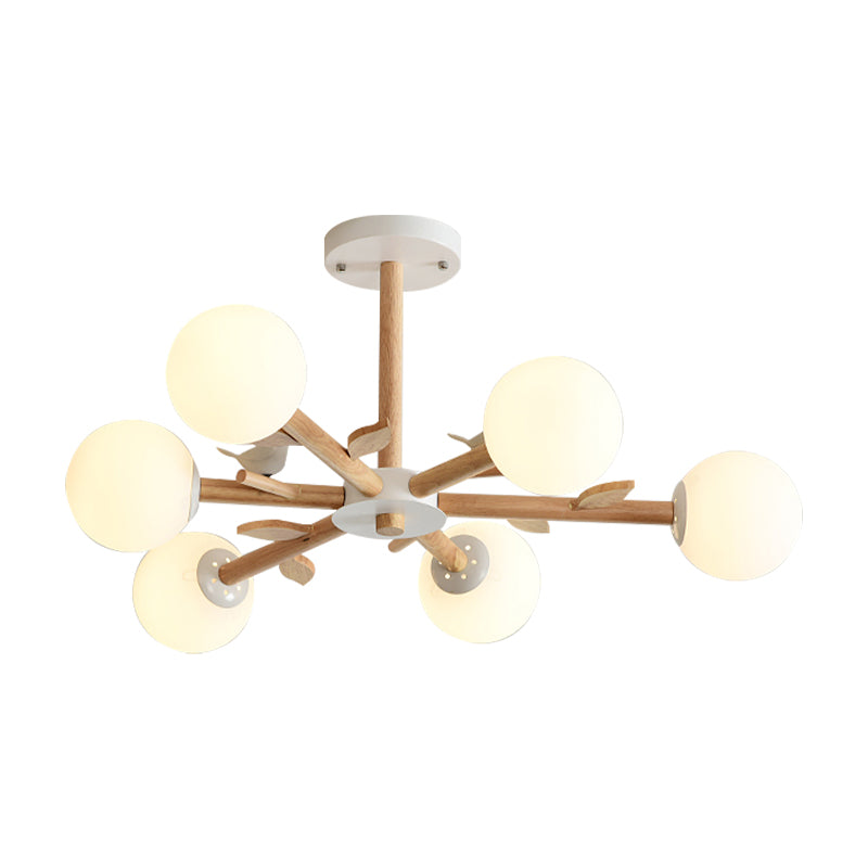 Orb Shade Bedroom Chandelier with Bird Wood Glass Japanese Style Hanging Light in White Clearhalo 'Carpenter Chandeliers' 'Ceiling Lights' 'Chandeliers' 'Industrial' 'Modern Chandeliers' 'Modern' Lighting' 187846