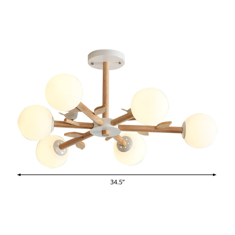 Orb Shade Bedroom Chandelier with Bird Wood Glass Japanese Style Hanging Light in White Clearhalo 'Carpenter Chandeliers' 'Ceiling Lights' 'Chandeliers' 'Industrial' 'Modern Chandeliers' 'Modern' Lighting' 187847