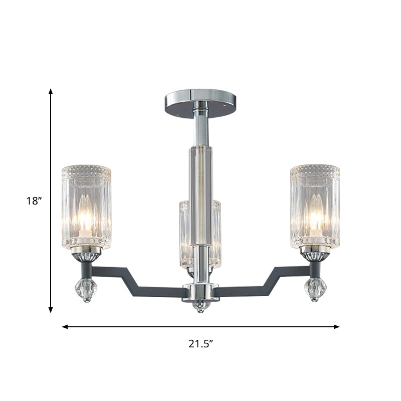 Modernist 3/6-Head Ceiling Flush Mount Cylindrical Crystal Semi Flush Light in Chrome Clearhalo 'Ceiling Lights' 'Close To Ceiling Lights' 'Close to ceiling' 'Semi-flushmount' Lighting' 1883077