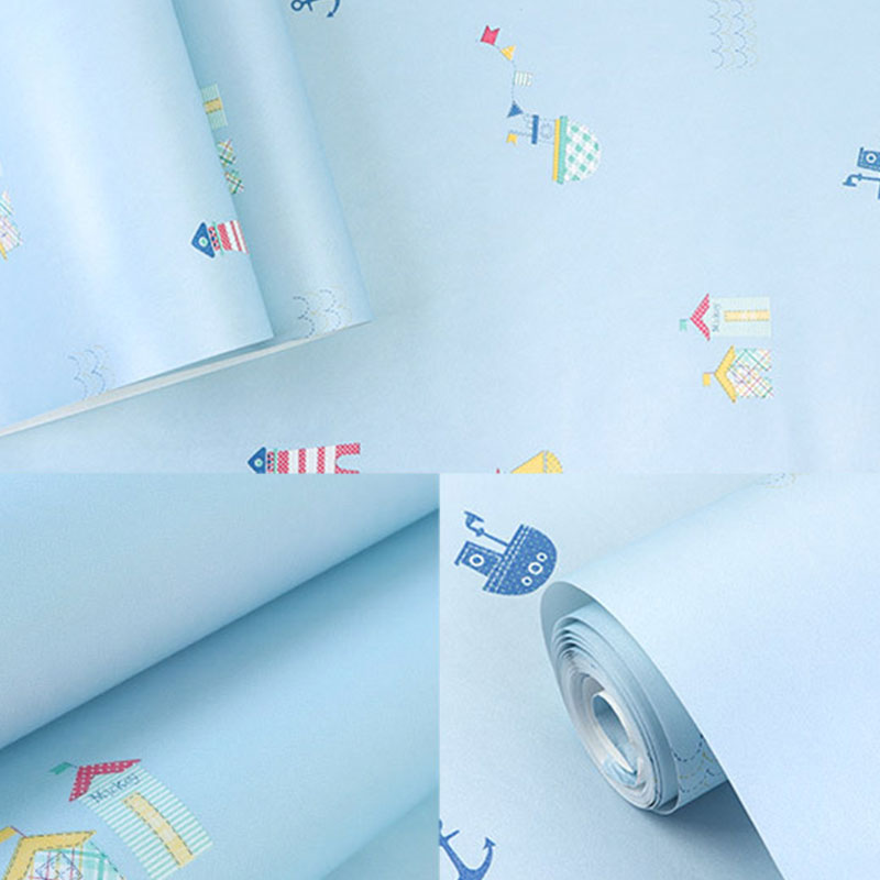 Pastel Boat and Beacon Wallpaper Stain-Resistant Wall Art for Children's Bedroom,Non-Pasted Clearhalo 'Wall Decor' 'Wallpaper' 1883494