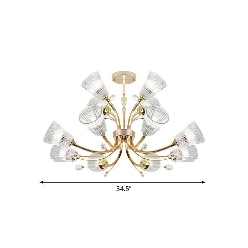 Ribbed Glass Tapered Shade Chandelier Hotel 12 Lights Crystal Accent Hanging Lighting in Gold Clearhalo 'Ceiling Lights' 'Chandeliers' 'Modern Chandeliers' 'Modern' Lighting' 1886527