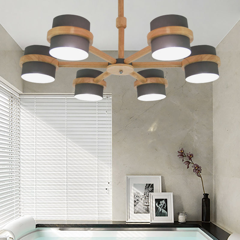 Nordic Cylindrical Shade Chandelier Six Lights Wood Ceiling Pendant for Foyer Cloth Shop Grey Clearhalo 'Ceiling Lights' 'Chandeliers' Lighting' options 188997_066fe605-4ca9-43bd-b6d1-156dec11fc10