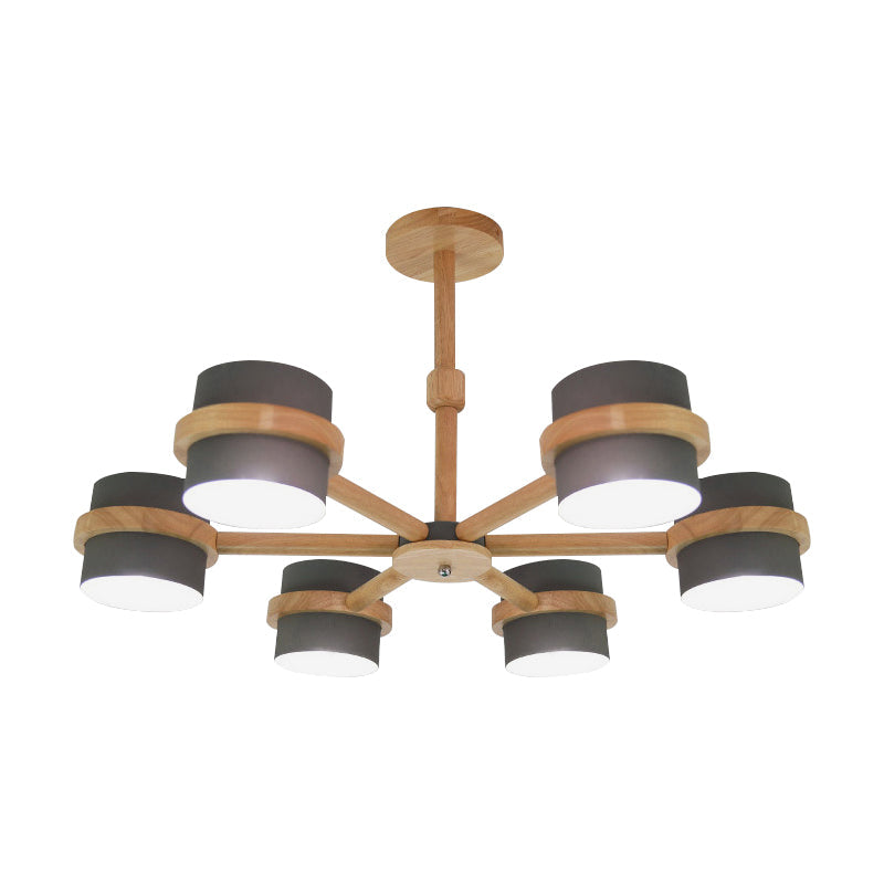 Nordic Cylindrical Shade Chandelier Six Lights Wood Ceiling Pendant for Foyer Cloth Shop Clearhalo 'Ceiling Lights' 'Chandeliers' Lighting' options 188999