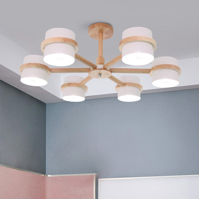 Nordic Cylindrical Shade Chandelier Six Lights Wood Ceiling Pendant for Foyer Cloth Shop Clearhalo 'Ceiling Lights' 'Chandeliers' Lighting' options 189001