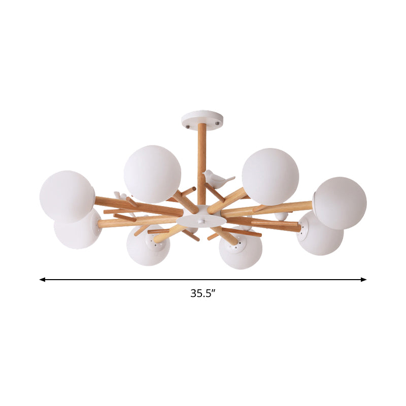 White Globe Shade Chandelier Rustic Style Wood Pendant Light with Bird for Dining Room Clearhalo 'Ceiling Lights' 'Chandeliers' Lighting' options 189066