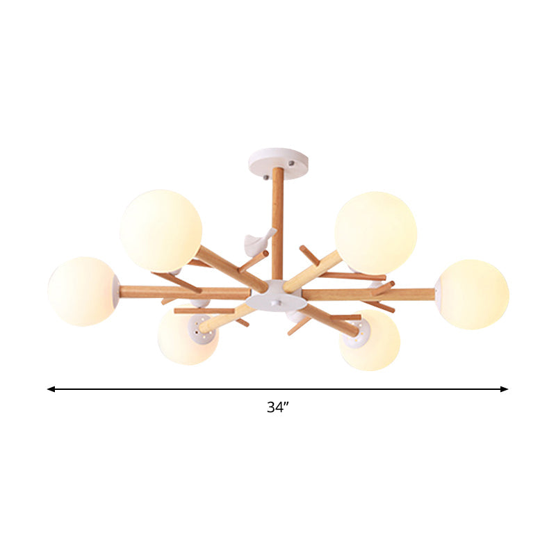 White Globe Shade Chandelier Rustic Style Wood Pendant Light with Bird for Dining Room Clearhalo 'Ceiling Lights' 'Chandeliers' Lighting' options 189076