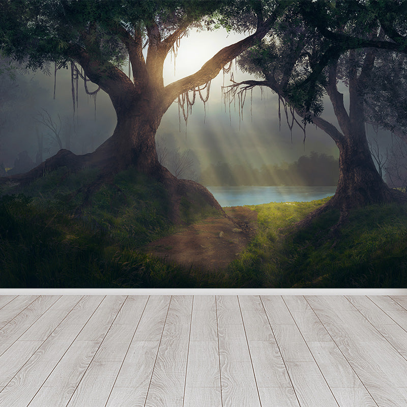 Cloudy Forest Landscape Mural Decal Contemporary Non-Woven Wall Covering in Soft Color Dark Gray Clearhalo 'Wall Decor' 'Wall Mural' 1895923